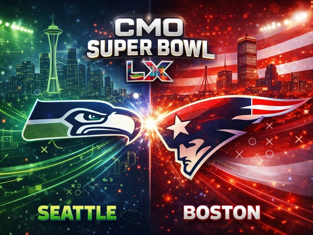 Graphic titled “CMO Super Bowl LIX” showing a split-screen Seattle vs. Boston matchup, with the Seahawks logo over a green Seattle skyline on the left and the Patriots logo over a red Boston skyline on the right, meeting at the center with a burst of light.