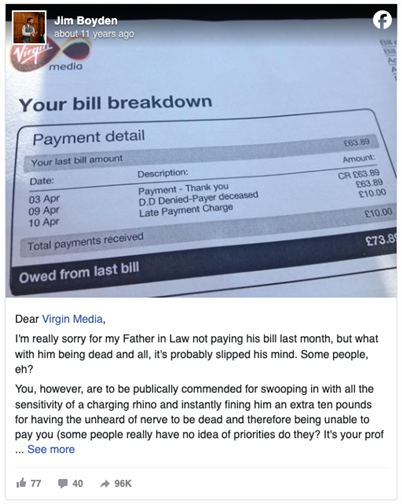 Jim Boyden's Facebook post highlighting bad customer service from Virgin Media.