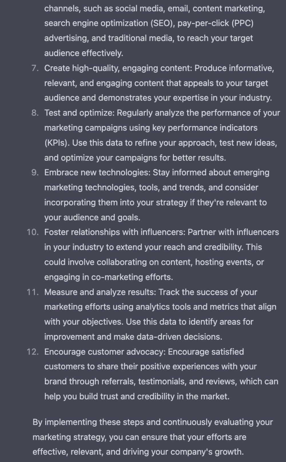 Screenshot of ChatGPT-4's answer to a marketing strategy question.