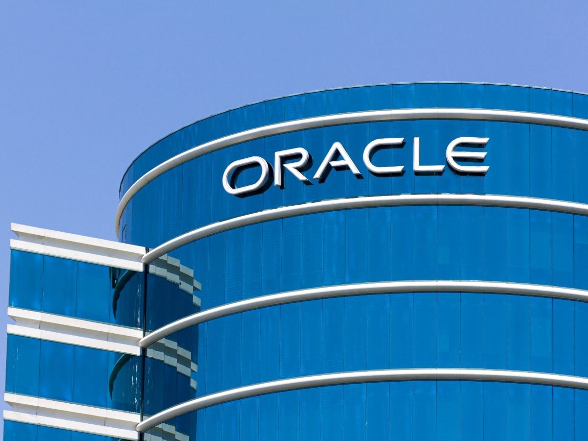 Oracle corporate headquarters building and trademark logo on the building.
