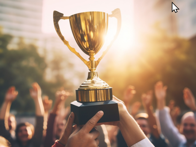 Hands holding up a gold championship trophy, against a setting sun. Award concept