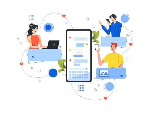 An illustration of three people digitally engaging with a brand 