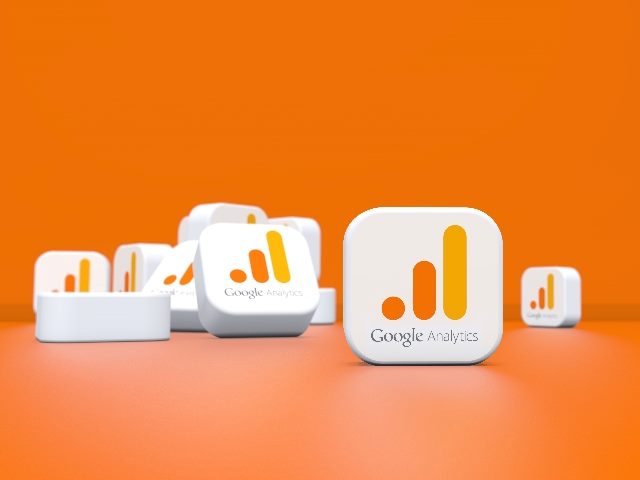 Google Analytics Name and logo in orange and gold against a brighter orange background in pieces explaining new Google Analytics reports. 