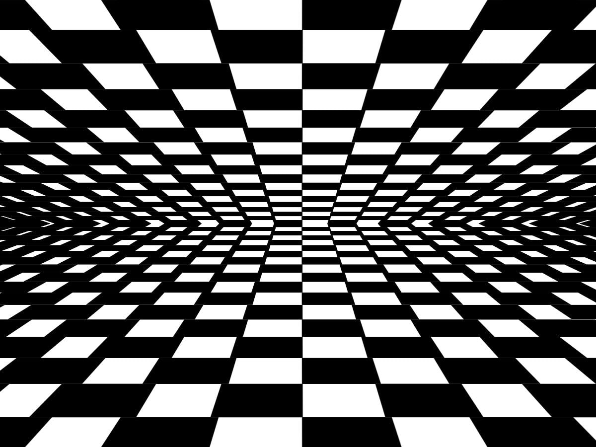 Black-and-white checkerboard grid forming a warped, tunnel-like perspective pattern that appears to recede toward a central vanishing point, creating a visual illusion of depth and motion.