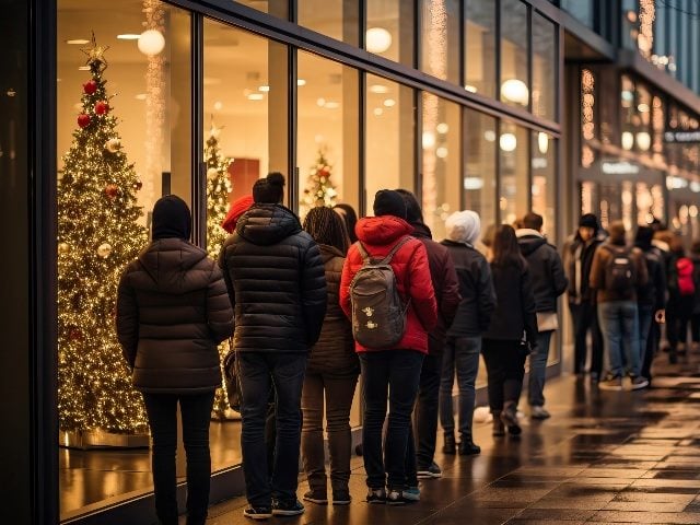 People in line outside a shopping center at night.