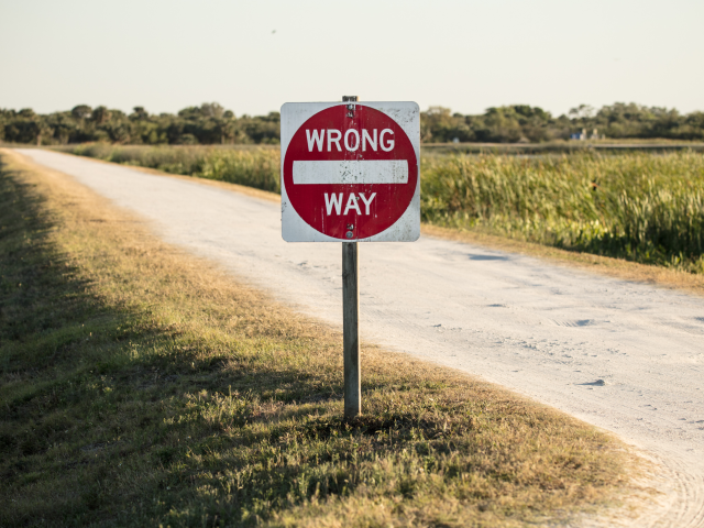 A wrong way street sign,  warning drivers they are headed the wrong way. The road is a dirt road in a deserted part of the wetlands