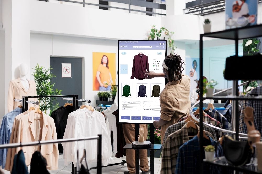 In this image, a person is interacting with a large digital display in a modern retail store. The screen shows various clothing options, such as shirts and pants, for customers to browse. The store has a clean, contemporary design with mannequins dressed in trendy outfits and clothes racks filled with various garments. The person, sporting dreadlocks and a casual outfit, is actively engaging with the digital interface, possibly customizing clothing choices or exploring product details. The background includes a poster and some potted plants, enhancing the store's inviting atmosphere in piece about in-store experiences.