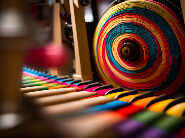 Detailed image of a loom in a textile factory, with colorful threads weaving in and out of the machine, creating a beautiful pattern,