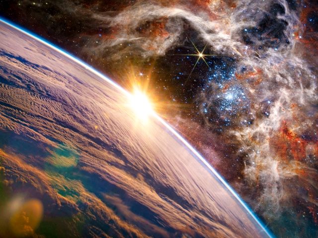 Sun rising over Earth with Milky Way in the Background representing the dawn of a new commerce media era in advertising. 