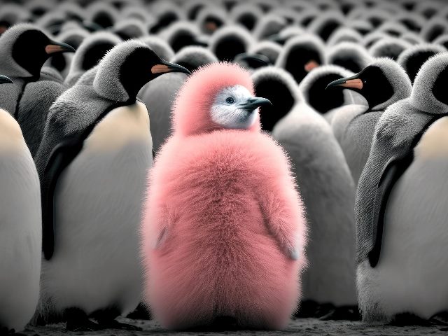 An extraordinary pink penguin standing out in a crowd of black and white penguins, suggesting the need for a good digital content strategy in CX