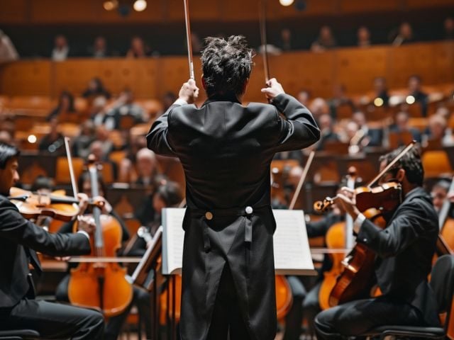 A conductor in front on an orchestra