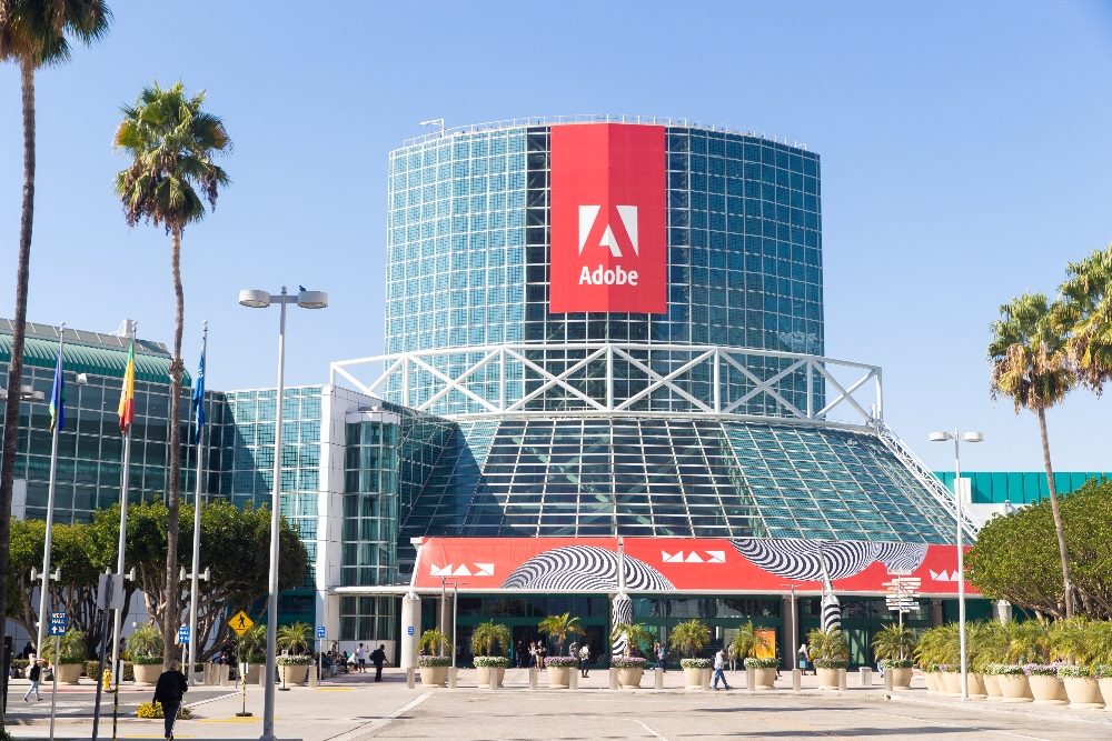 General view of Adobe logo on sign at Los Angeles Convention Center during Adobe MAX.