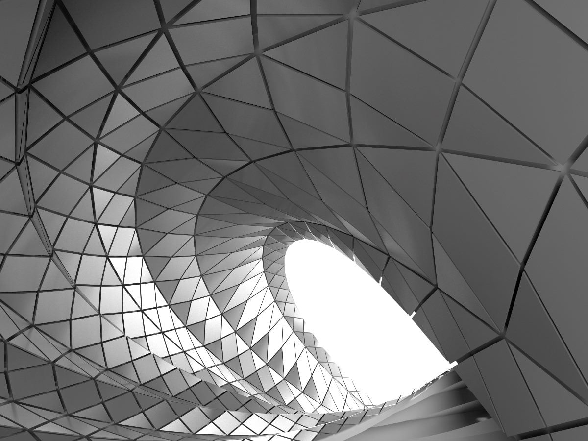 Abstract architectural tunnel made of interlocking triangular panels, forming a spiraling geometric pattern that converges toward a bright opening in the center.