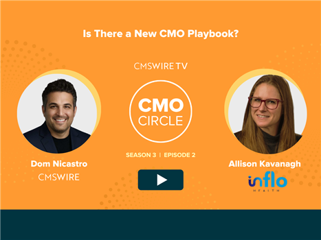 Promotional graphic for CMSWire TV’s “CMO Circle” featuring host Dom Nicastro and guest Allison Kavanagh of Inflow Health, with the headline “Is There a New CMO Playbook?” and Season 3, Episode 2 noted.