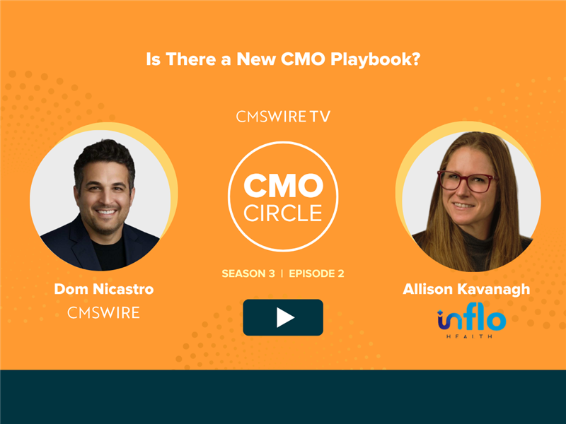 Promotional graphic for CMSWire TV’s “CMO Circle” featuring host Dom Nicastro and guest Allison Kavanagh of Inflow Health, with the headline “Is There a New CMO Playbook?” and Season 3, Episode 2 noted.