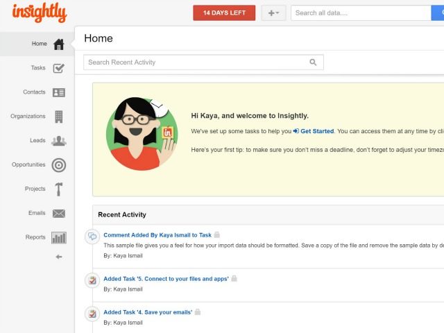 a glimpse of the Insightly dashbord