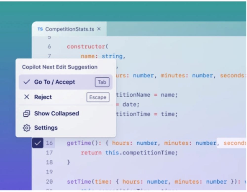 Screenshot from GitHub Copilot showing a code editor with a pop-up menu offering options such as “Go To / Accept,” “Reject,” “Show Collapsed,” and “Settings” for AI-generated code suggestions.