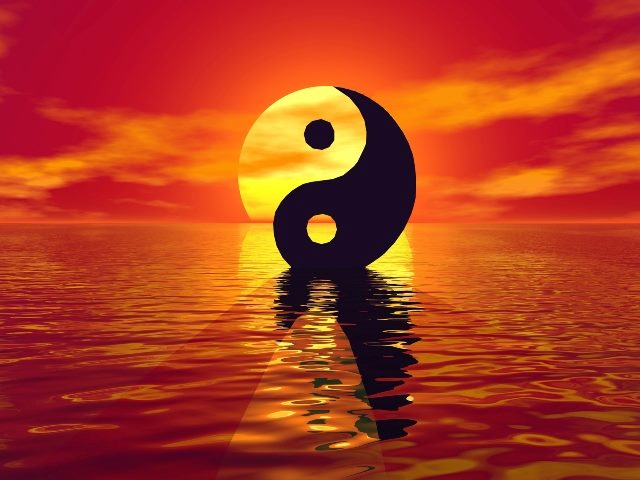The Yin and Yang symbol is superimposed over the sun rising above the ocean and reflecting red light, symbolizing the need to balance employee experience and customer experience.