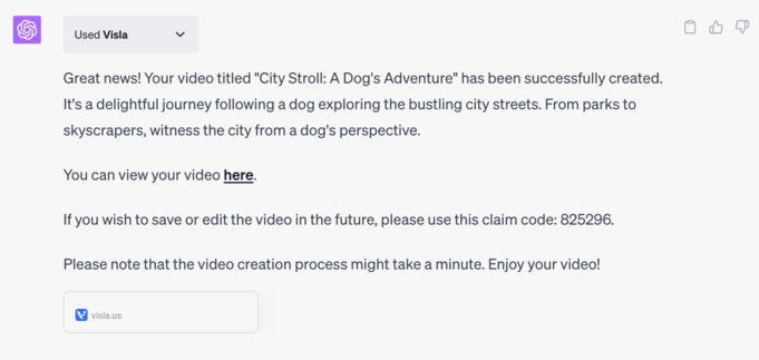 The Visla ChatGPT plugin creating a short video from public stock footage.