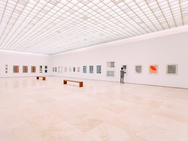 person viewing a painting standing in a bright, airy art gallery