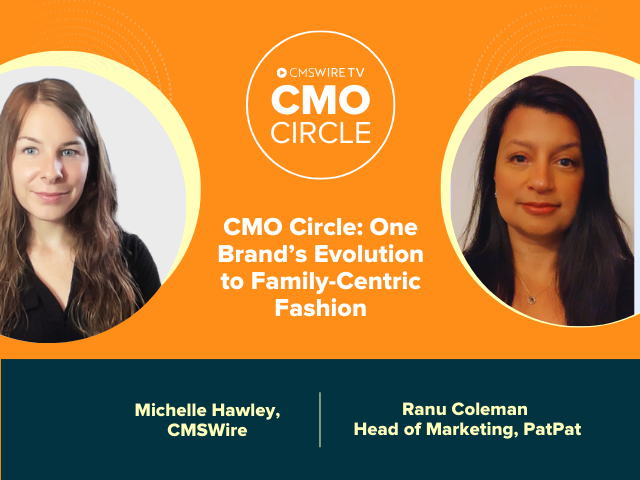 Orange background for CMO Circle show series. The thumbnail shows two profile images, one of the host of the show, Michelle Hawley, and the other of the guest, Ranu Coleman of PatPat