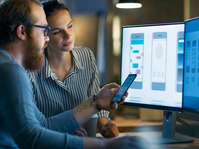 Two business associates working on a low code development platform