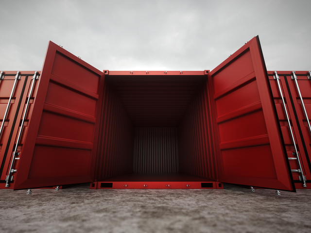A red container with the doors swung wide open, the inside is empty - Cloud container vulnerability