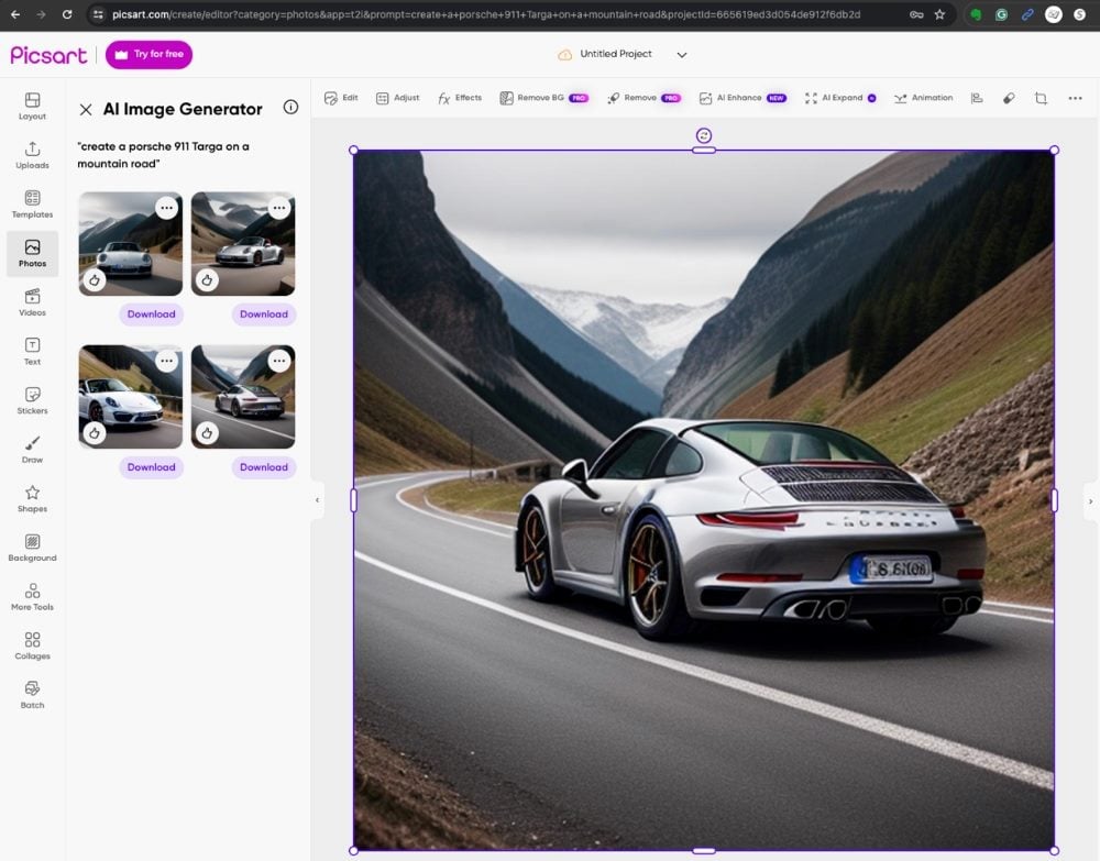 A screenshot of the Picsart AI Image Generator interface, displaying an image of a silver Porsche 911 Targa driving on a winding mountain road. The image is selected and prominently shown in the editor workspace, with options to edit, adjust, add effects, and remove background. On the left sidebar, there are smaller previews of additional generated images of Porsche 911 Targas, each with a "Download" button beneath them. The interface includes various tool options like Layout, Templates, Photos, Text, Stickers, Draw, Shapes, Background, and Collages. The top menu has options for trying the Pro version and accessing other projects in piece about text-to-image generators.