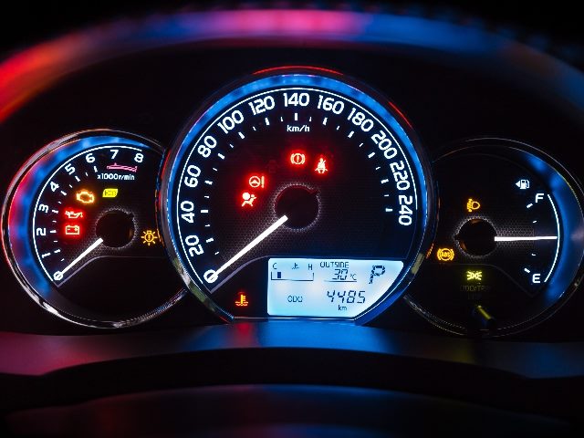 Modern car dashboard lit up