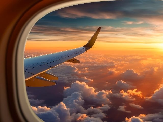 Wing of an airplane flying above the clouds at sunset, view from the window, representing a software cloud migration.