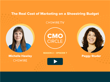 Orange background thumbnail for CMSWire TV's show, CMO Circle with two circular headshots of guest Peggy Studer and host Michelle Hawley