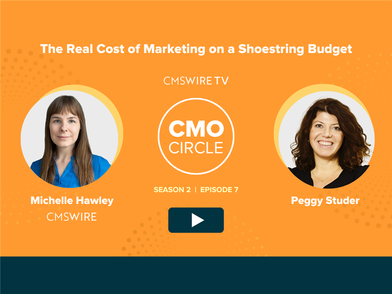 Orange background thumbnail for CMSWire TV's show, CMO Circle with two circular headshots of guest Peggy Studer and host Michelle Hawley