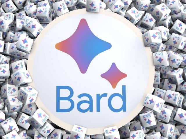 Google Bard four point icon on scattered cubes with the word Bard in light blue and the icon in pink and blue ombre colors.