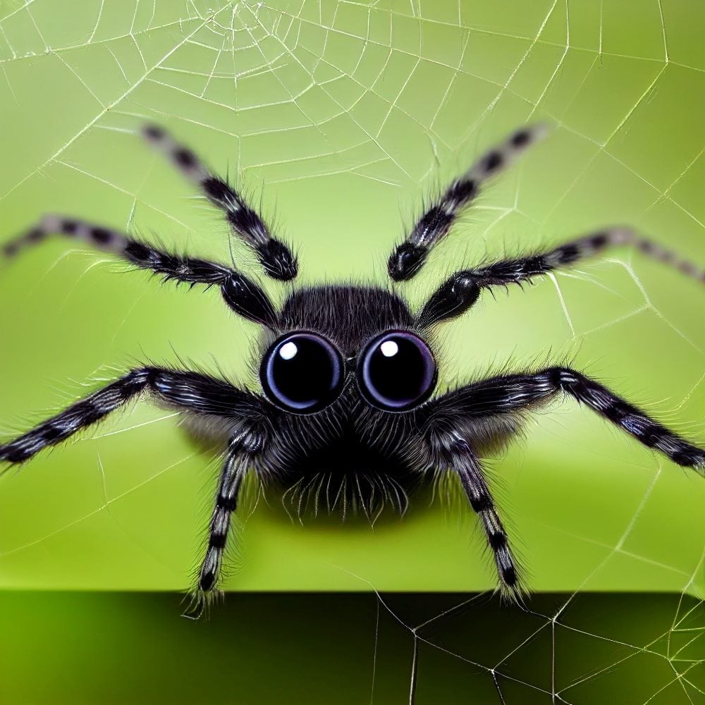 Tiny Scared Spider in Front of a Window on its web with a green background, in piece about data automation and hybrid clouds.