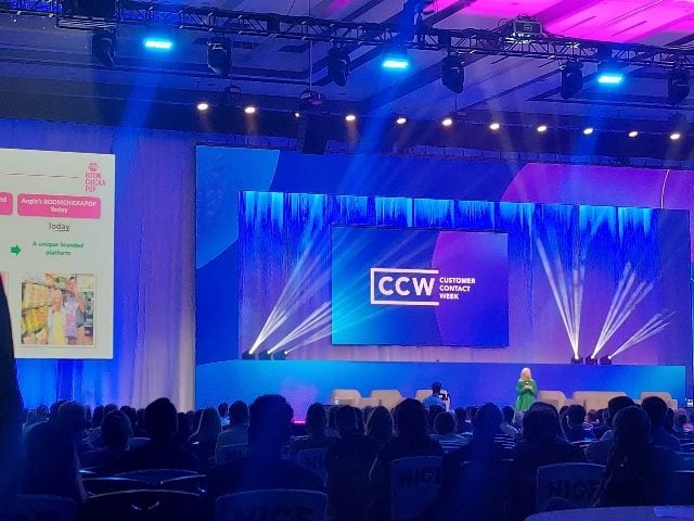 Angie Bastian, founder of Angie's BoomChickaPop, speaking at Customer Contact Week in Las Vegas, NV.