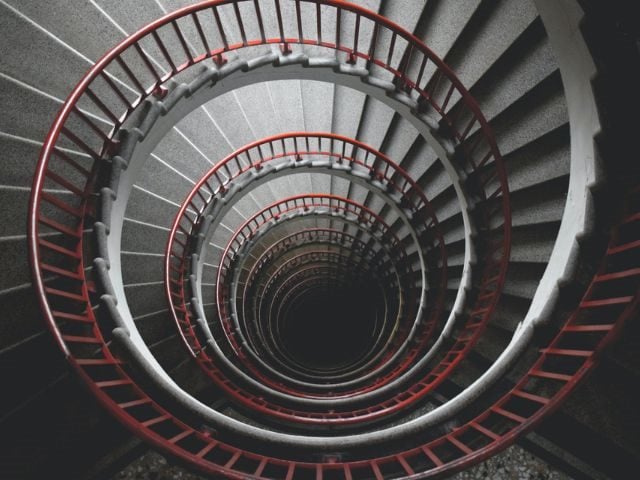Looking down at a spiral staircase