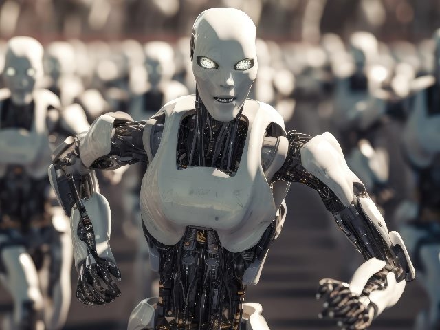 A robot army approaches indicating the suggesting that AI is autonomous and a threat to human existence by AI Doomers. 