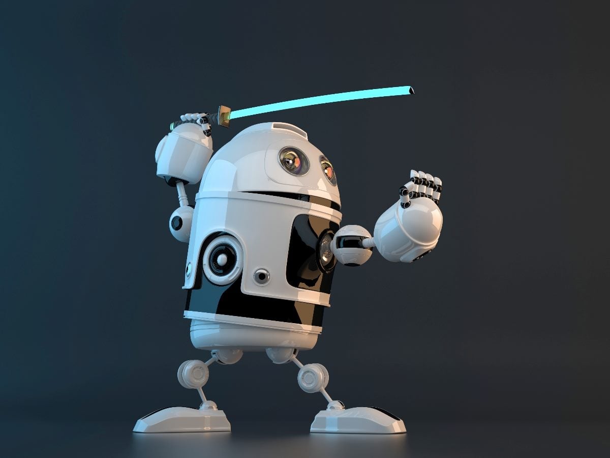 A stylized white robot performs a karate-style pose, raising one arm while holding a glowing blue baton against a dark, minimal background.