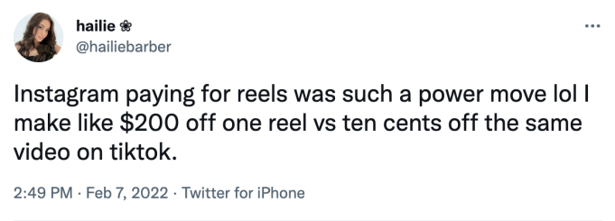 February 2022 Tweet from Hailie Barber on Instagram paying for reels