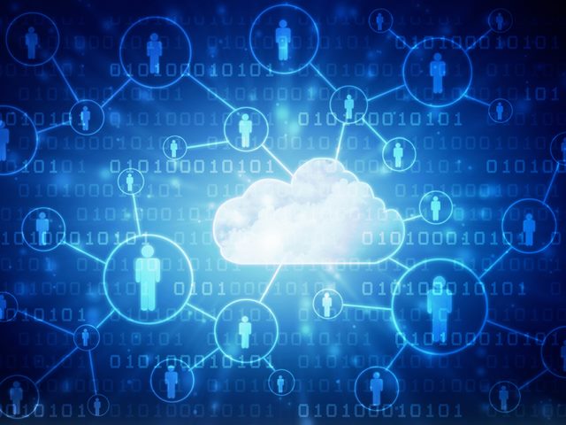 blue illustration of a business cloud network connecting people icons