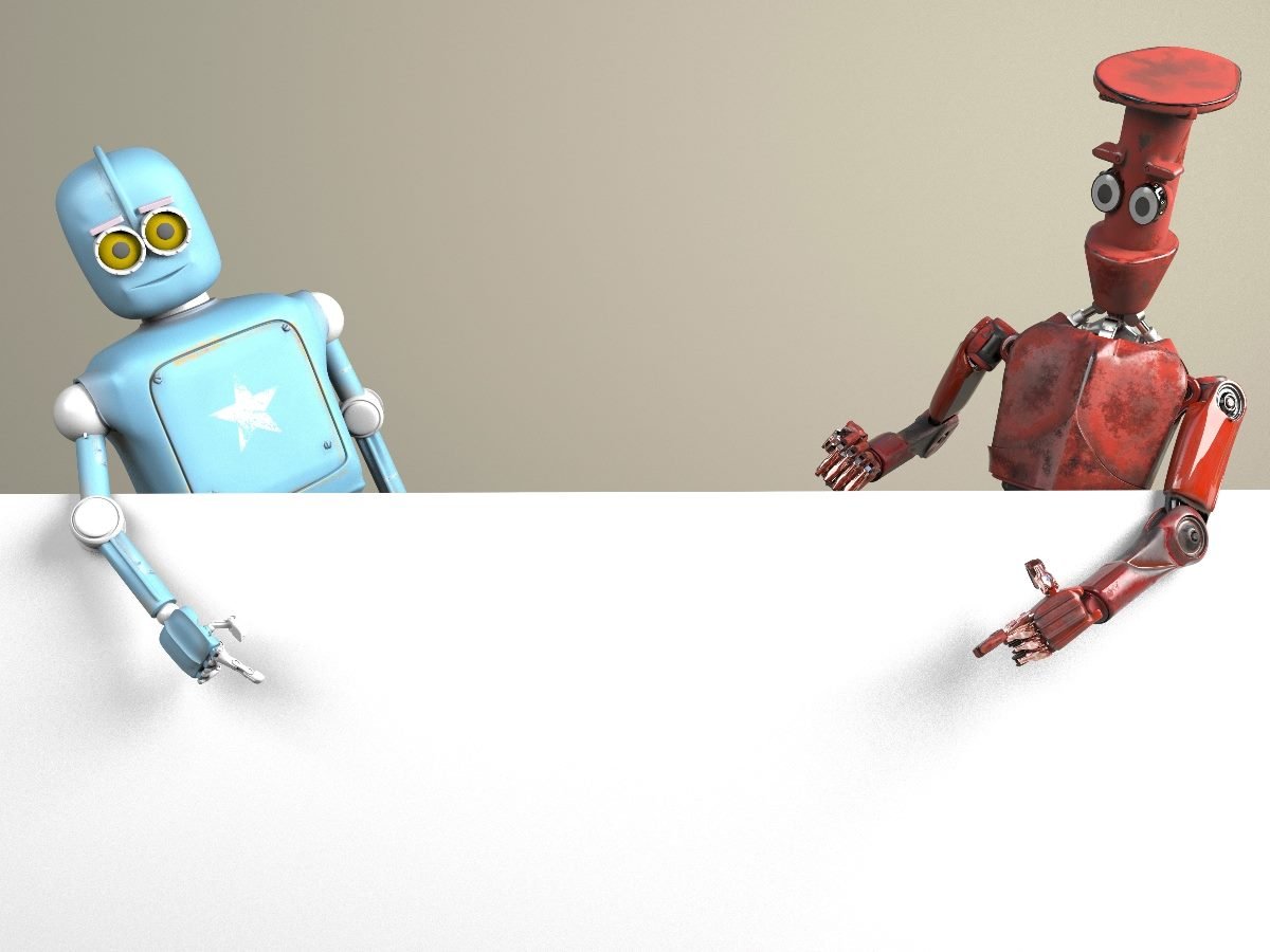 Two animated robots, one blue with a white star on its chest and one red with a flat round head, sit across a white table as if in conversation against a neutral background.
