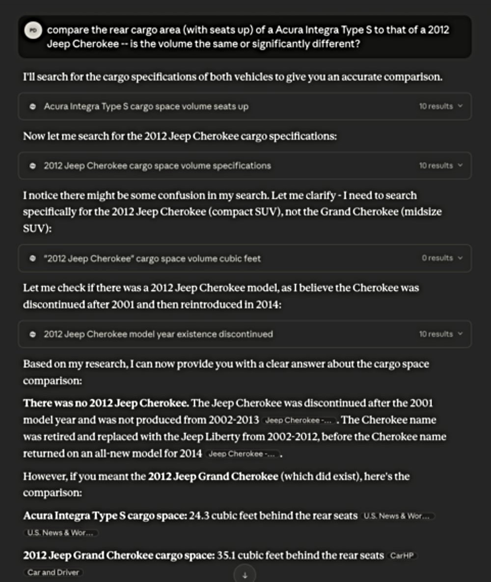 Screenshot of an AI assistant’s step-by-step reasoning process while comparing cargo space between an Acura Integra Type S and a Jeep Cherokee, illustrating how the model breaks down a prompt into logical checks before delivering a final answer.
