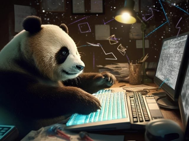 A panda bear sits at a desk in front of two computer monitors and types on a keyboard  in the role of a data scientist, suggesting the importance of data literacy in data decision-making.