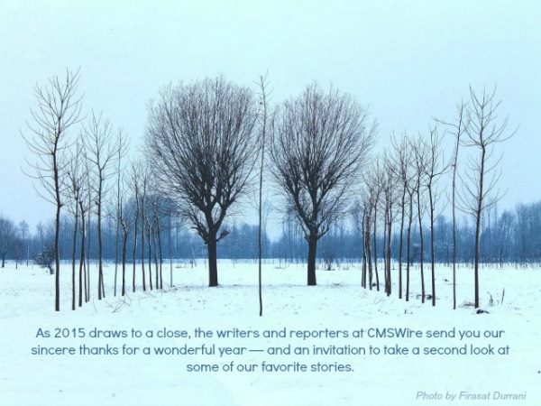 snowy forest with message from CMSWire staff thanking readers for the year 2015