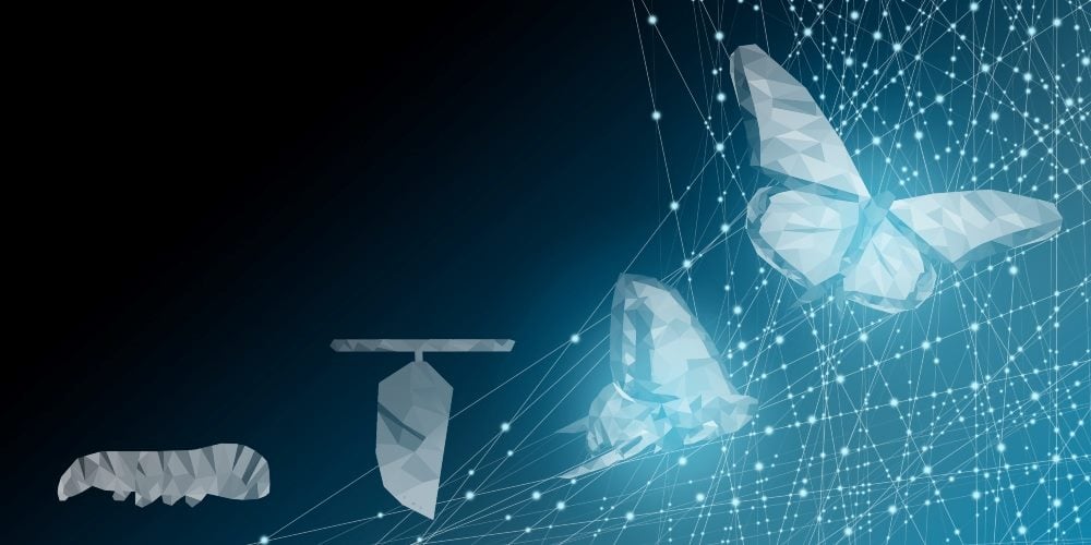 Background of beautiful abstract transformation of blue caterpillar turning into a butterfly, representing data analytics and digital transformation.