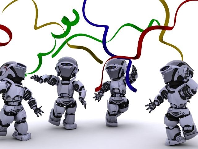 Four robots having a party and throwing giant pieces of red, green, blue and yellow confetti into the air. 