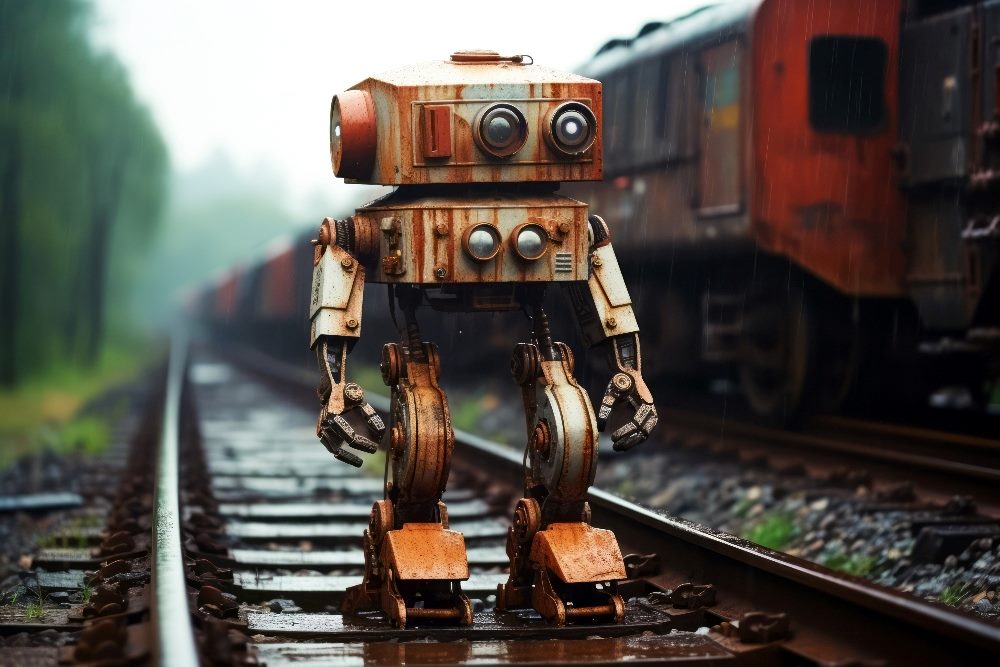 1970 sci-fi Old rusty robot on the railway tracks or cargo train background in piece about Apple's late arrival to the AI race.