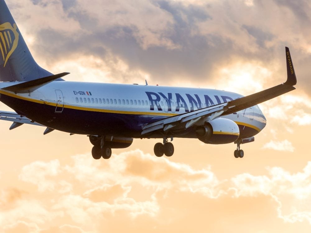 Ryanair Airlines airplane landing at Berlin Tegel Airport in Germany.