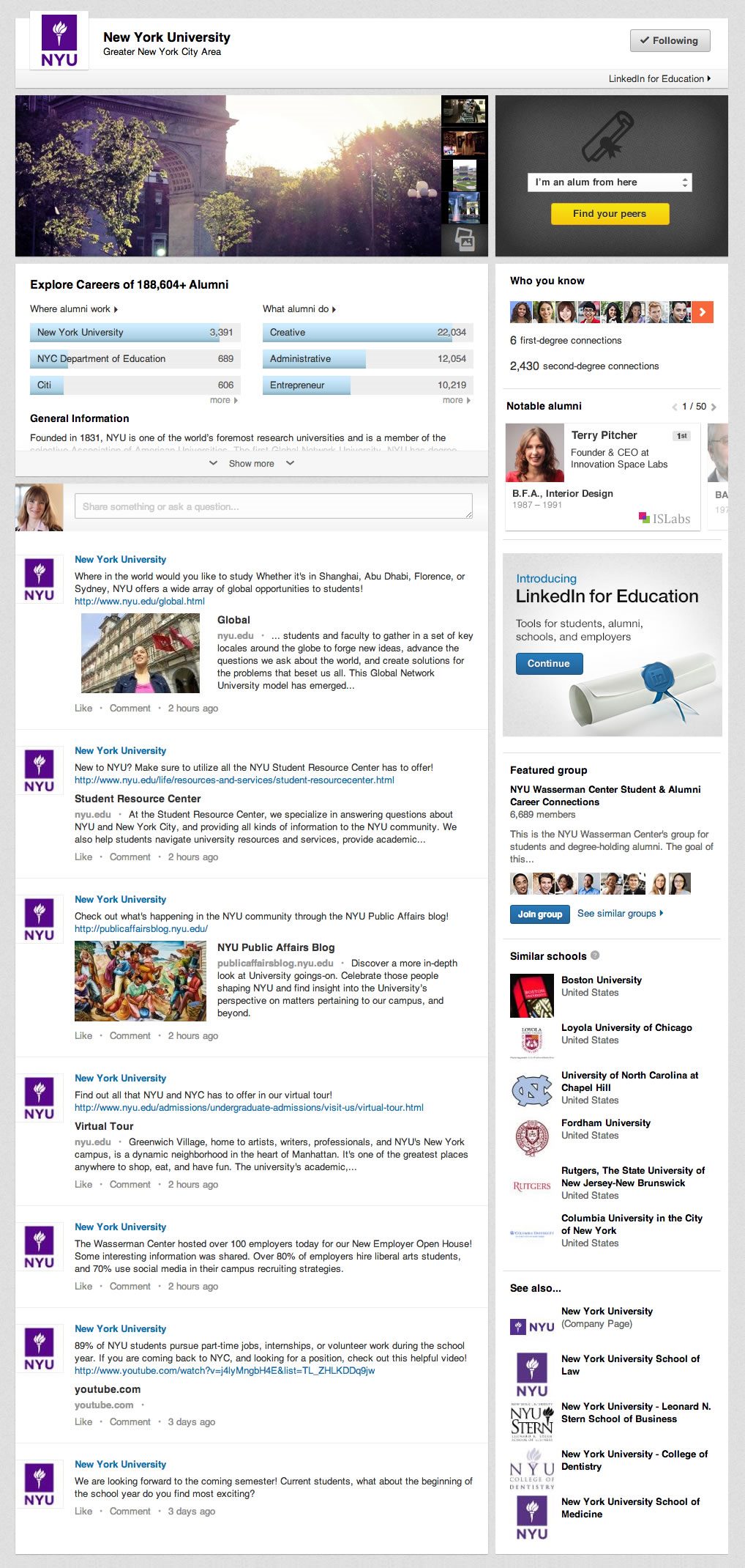 customer experience: linkedin university pages
