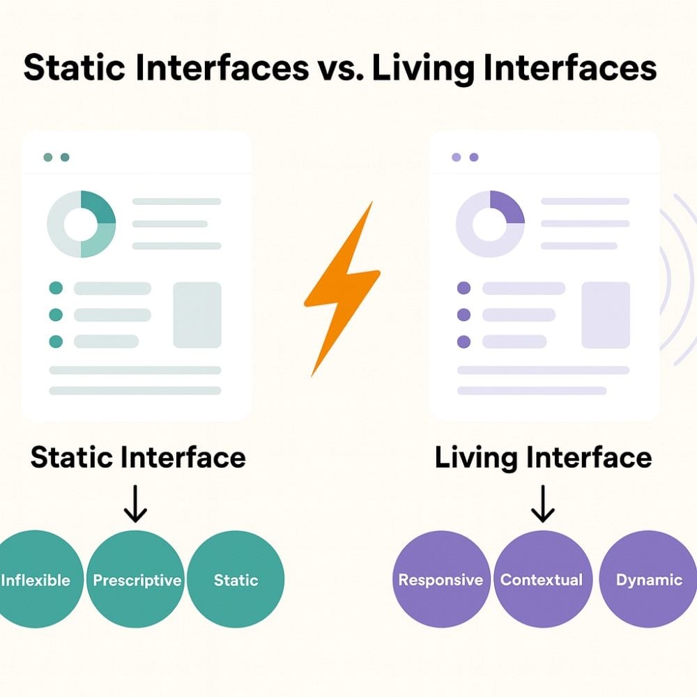A 2D digital infographic compares static interfaces and living interfaces, showing the former as inflexible, prescriptive and static, while the latter is responsive, contextual and dynamic.
